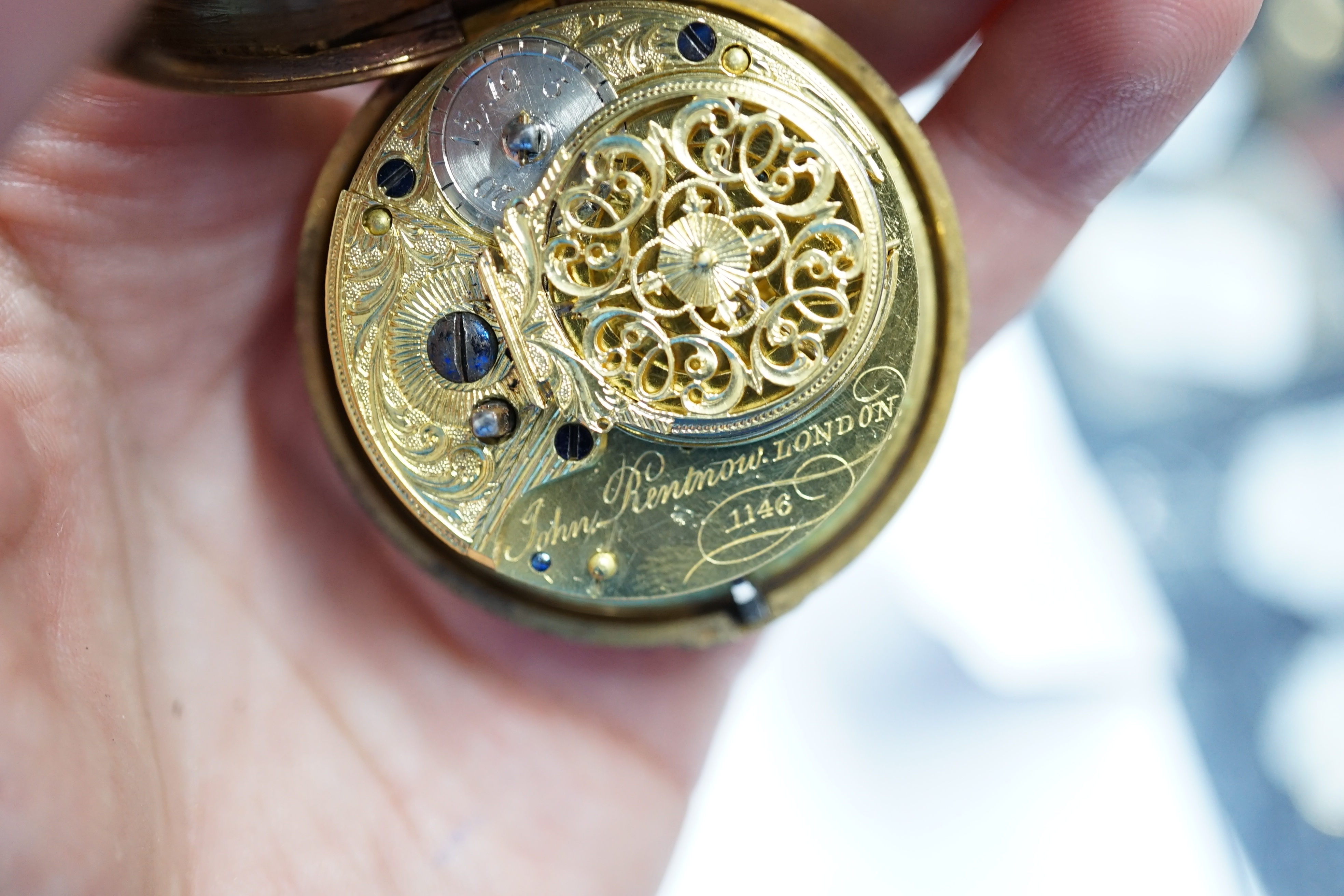 A George III pair cased gold plated keywind verge pocket watch, with a tortoiseshell outer case, by John Rentnow, London